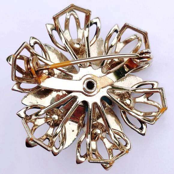 VTG Mid Century Brooch Moonglow Cab Floral Blue Enamel Rhinestones Gold Tone Pin - Picture 7 of 9